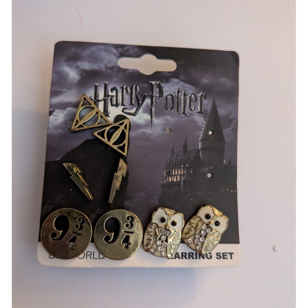 Harry Potter Earring Set 4 Pairs Deathly Hallows Hedwig Owl 9 3/4 Gold Tone NWT